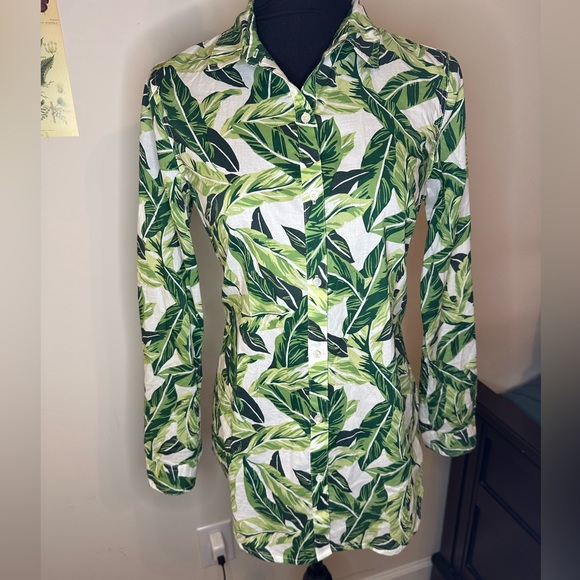 J. Mclaughlin Shirt Button Up Top Lois Green Queen Palm Size S Tropical #506 - Picture 1 of 10